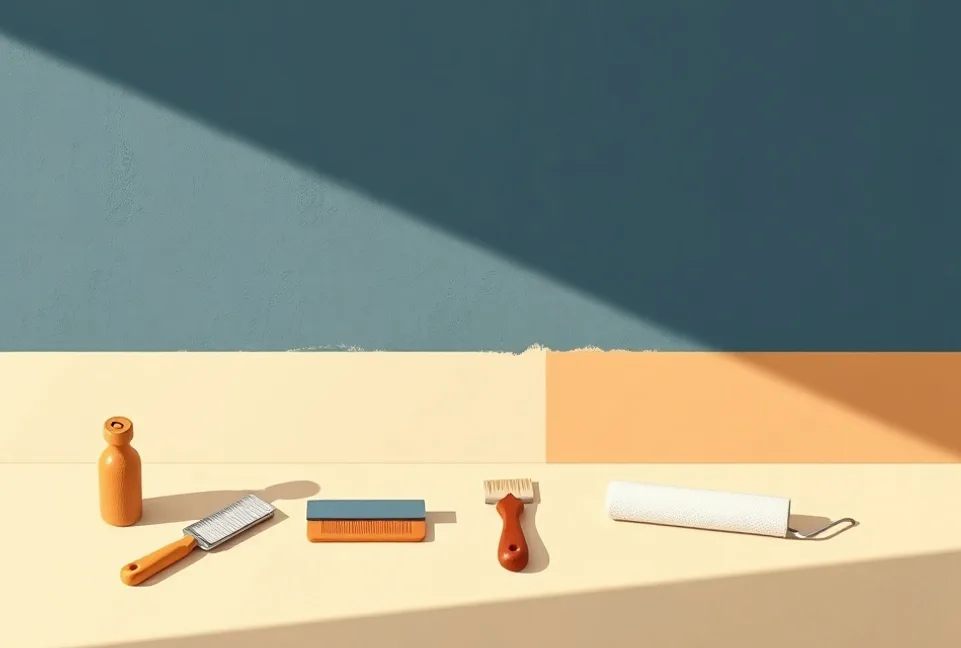 Outils de peinture disposés dans l'ordre des étapes du chantier
