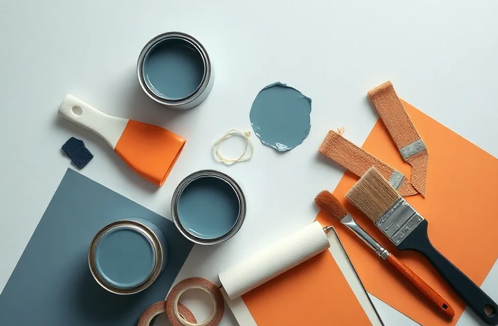 Pots de peinture, nuancier, brosses et rouleaux disposés à plat