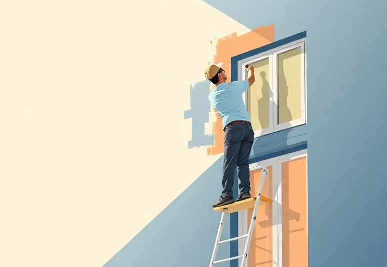 Peintre sur échafaudage traitant la façade d'une maison